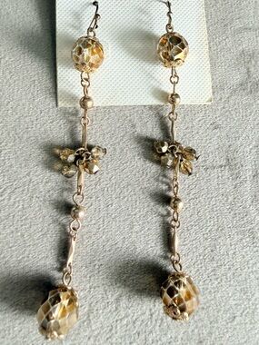 Long Gold-Tone Dangle Earrings with Amber Beads